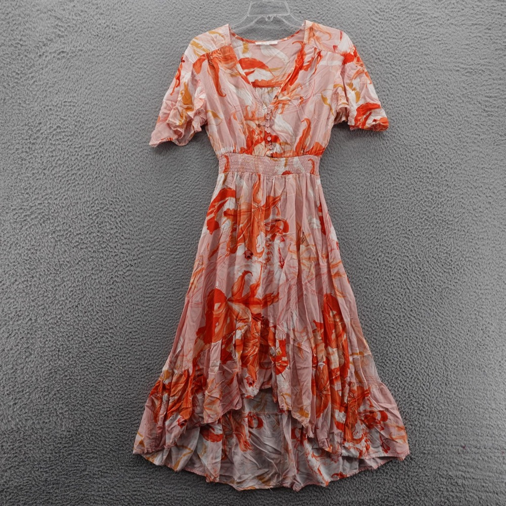 Abel The Label Smocked Waist Floral Midi Dress Size Medium Orange Womens Hi‎ Low